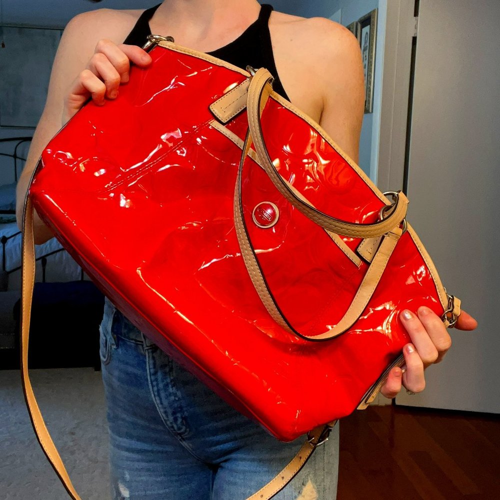 Coach Patent/Leah Shoulder Tote Bag - Red